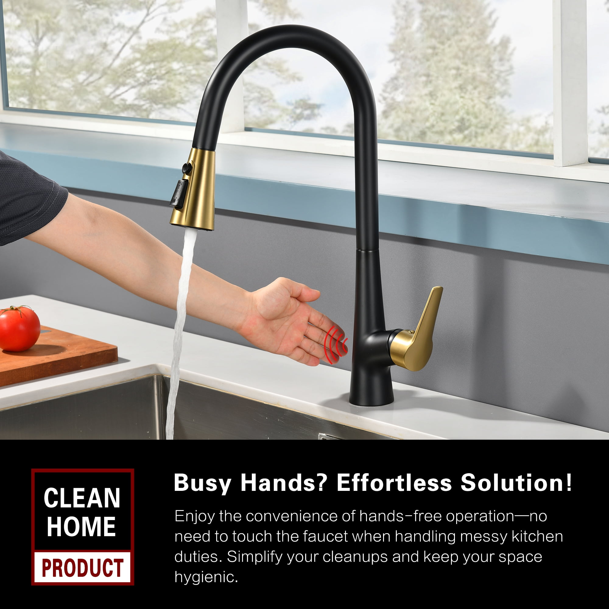 sumerain Motion Sensor Activated Kitchen Sink Faucet with Pull Down Sprayer,Hands-Free Touchless Kitchen Faucet Black & Gold