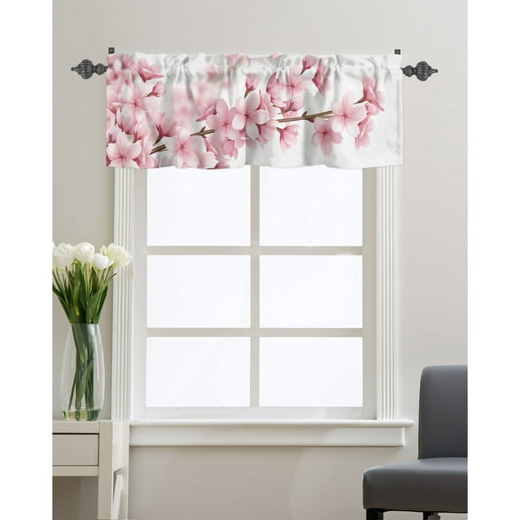 Kitchen Cafe Valance Curtain for Small Windows,Spring Pink Sakura Blossom Flowers Rod Pocket Short Valances Floral Garden Art on White Window Treatment Panel for Living Room/Bedroom/Bathroom,54x18in