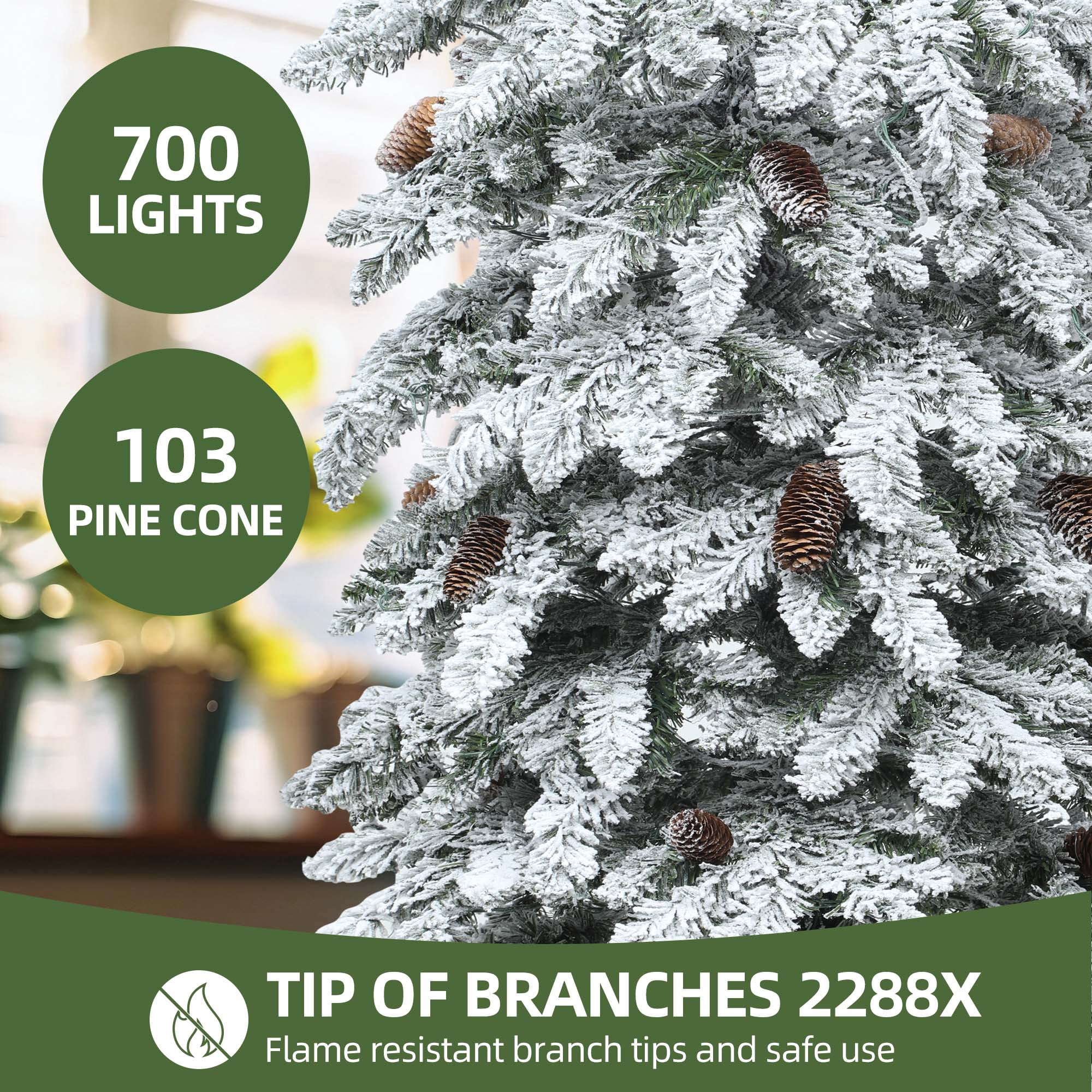 Uforic 11ft Pre-lit Flocked Pencil Spruce Christmas Tree with 2288 Branch Tips,700 Lights,72 Pine cones, Remote Control, 11 Light Modes, White Flocked