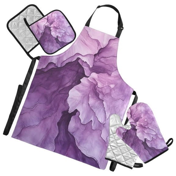 Abstract Purple Flower Oven Mitts and Pot Holders with Chef Apron Set 5 Pcs Kitchen Cooking Set