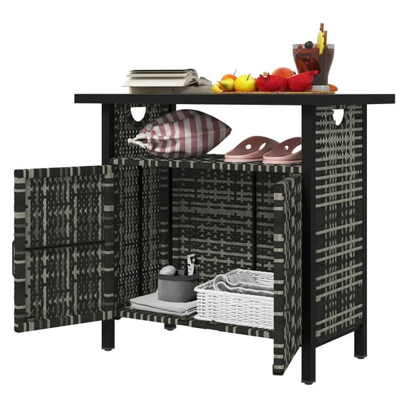 Outdoor Pool Towel Storage Cabinet - Weatherproof PE Rattan Poolside Organizer with Shelf & Cabinet - Mixed Gray - 35.4" H