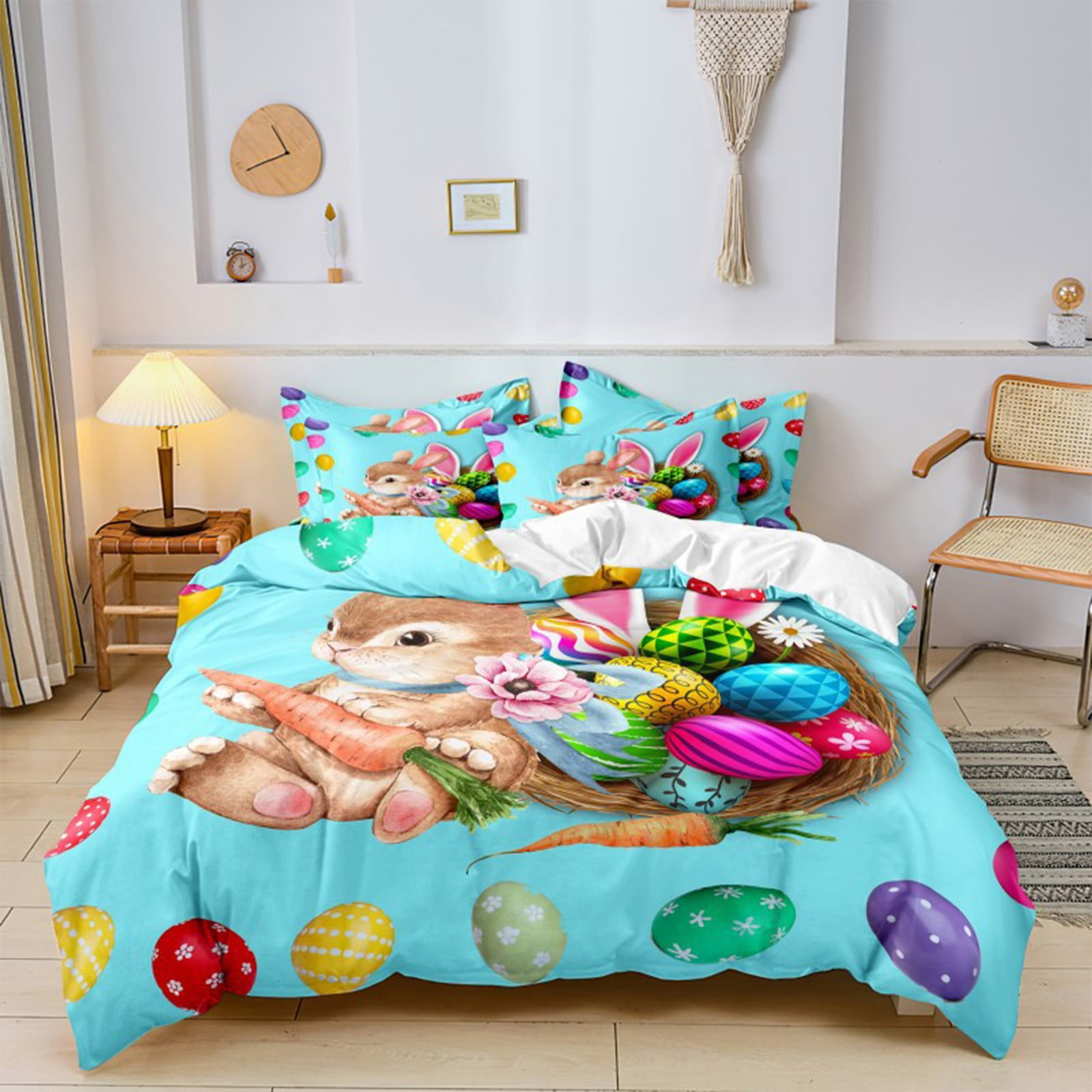 Easter Queen Comforter Set 3-Piece: Adorable Bunny & Egg Duvet Cover with 2 Standard Pillowcases | Spring Home Decor by PALIFEUR