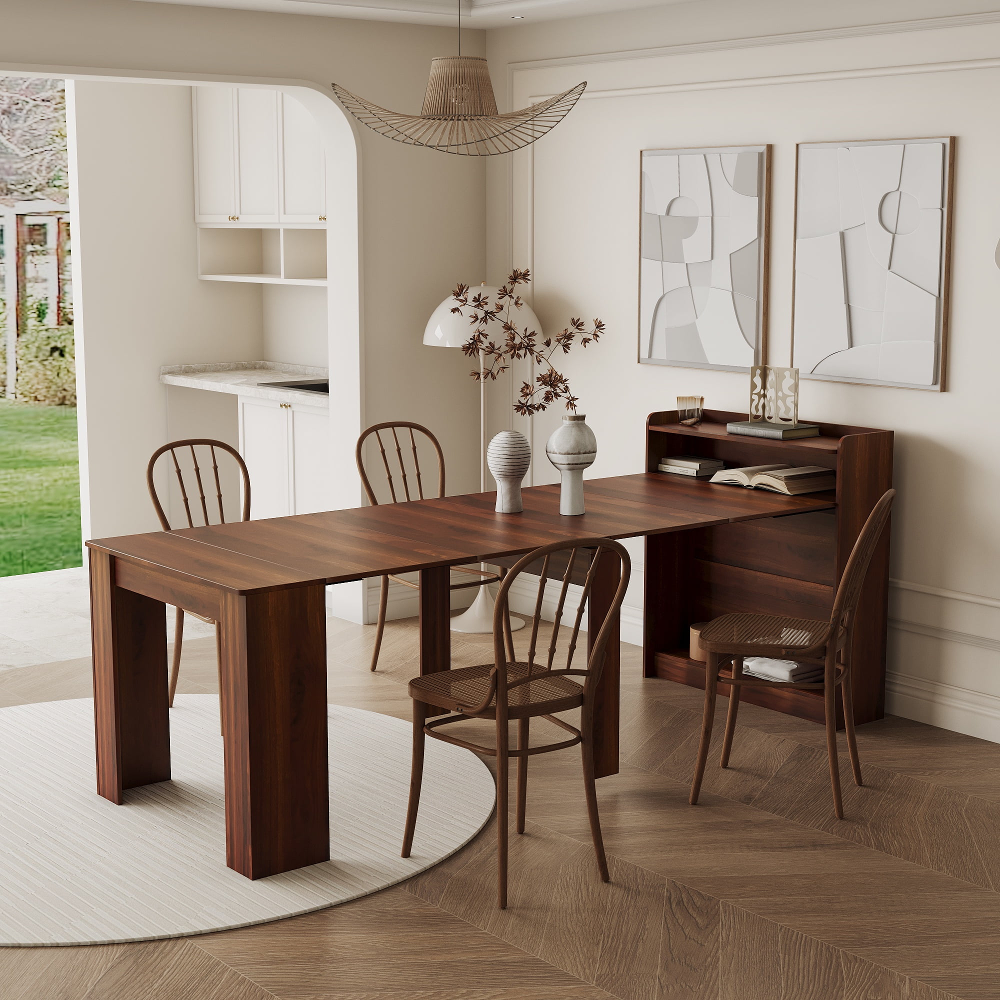 PORKISS Extendable Dining Table, Wooden Kitchen Table with Storage, Classical Dinner table, Modern Rectangle Dining Table for Kitchen, Dining Room, and Living Room, Walnut Color