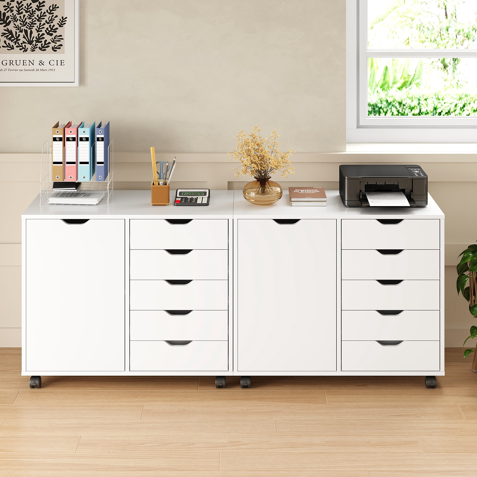 GALAXHERO 5-Drawer Storage Cabinet, Mobile Printer Stand Filing Cabinet for Home Office, Wood File Cabinet, White