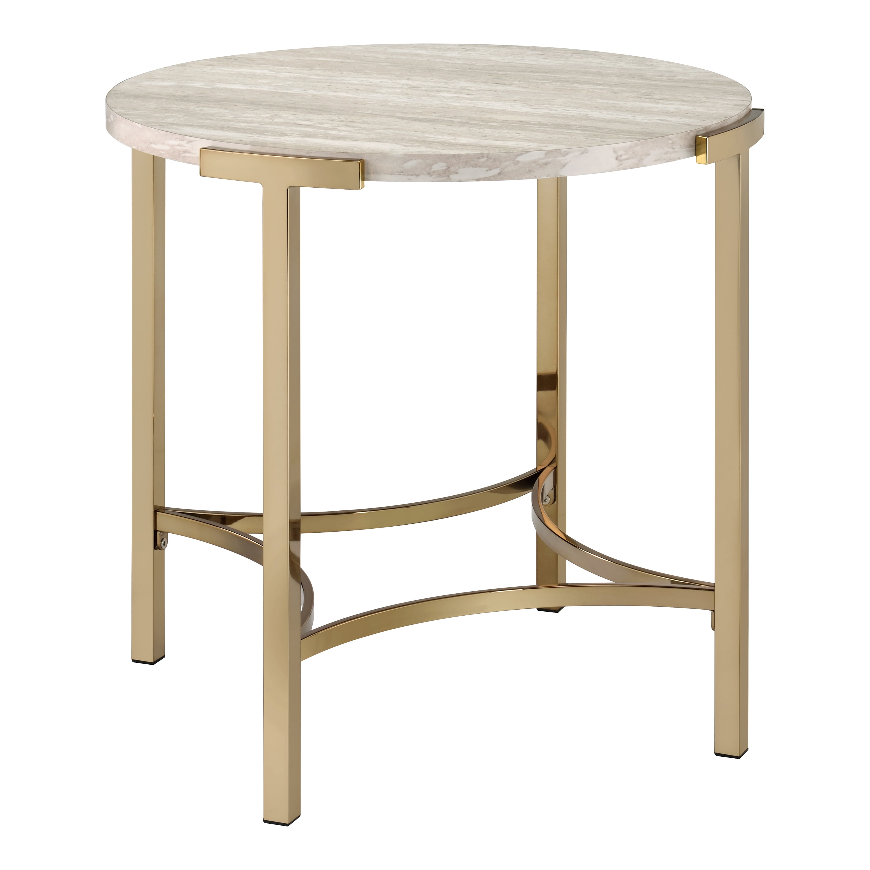Furniture of America Heure Round Metal Champagne and White End Table