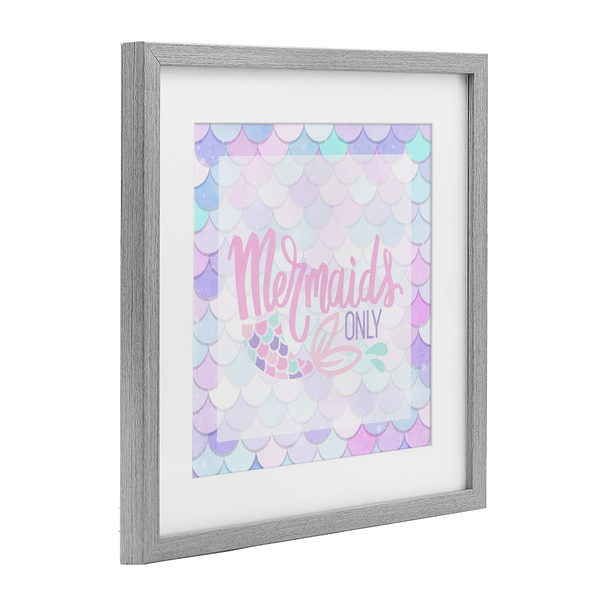 Pastel Mermaids Only Gray Framed Print Under Glass, design by Kim Allen
