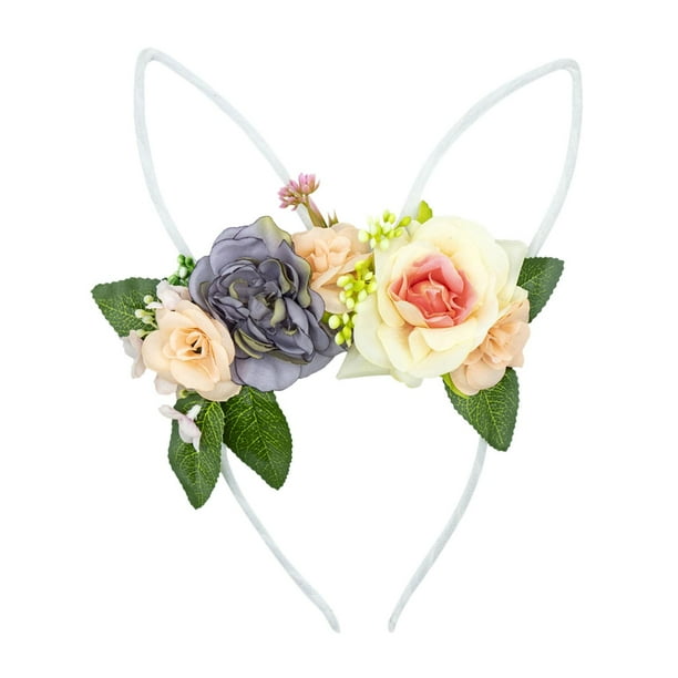 Diadema con orejas de conejo de Pascua, diadema con flores, accesorio para disfraz Blanco amarillo