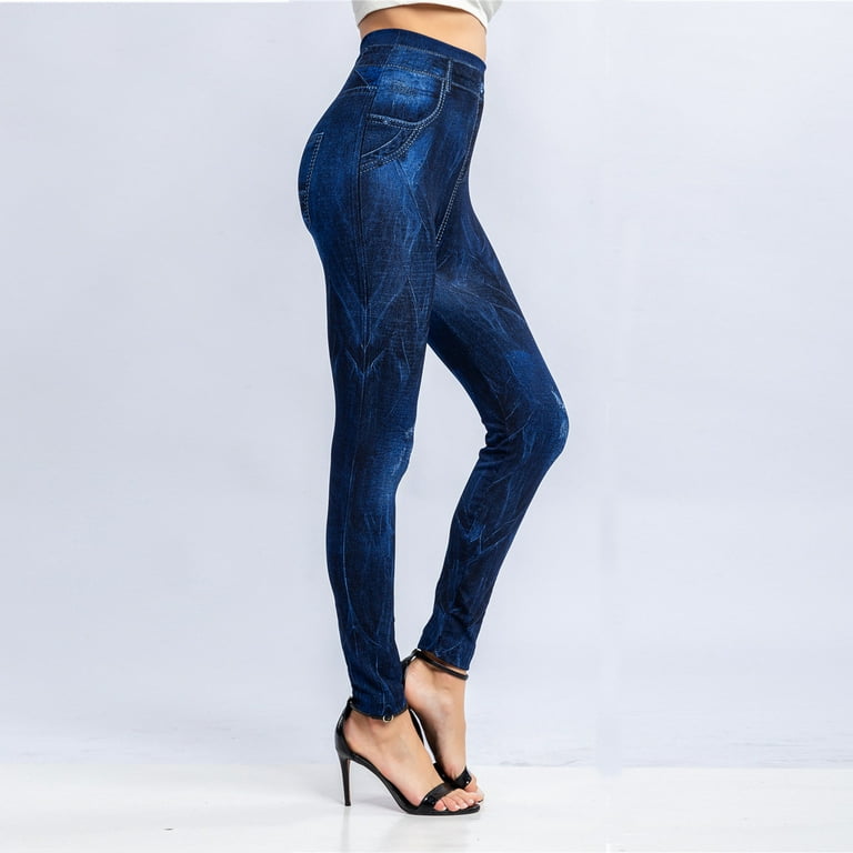 Women's Denim Print Fake Jeans Look Like Leggings Sexy Stretchy High Waist  Slim Fitted Skinny Jeggings Tights Trousers Womens Clothes 