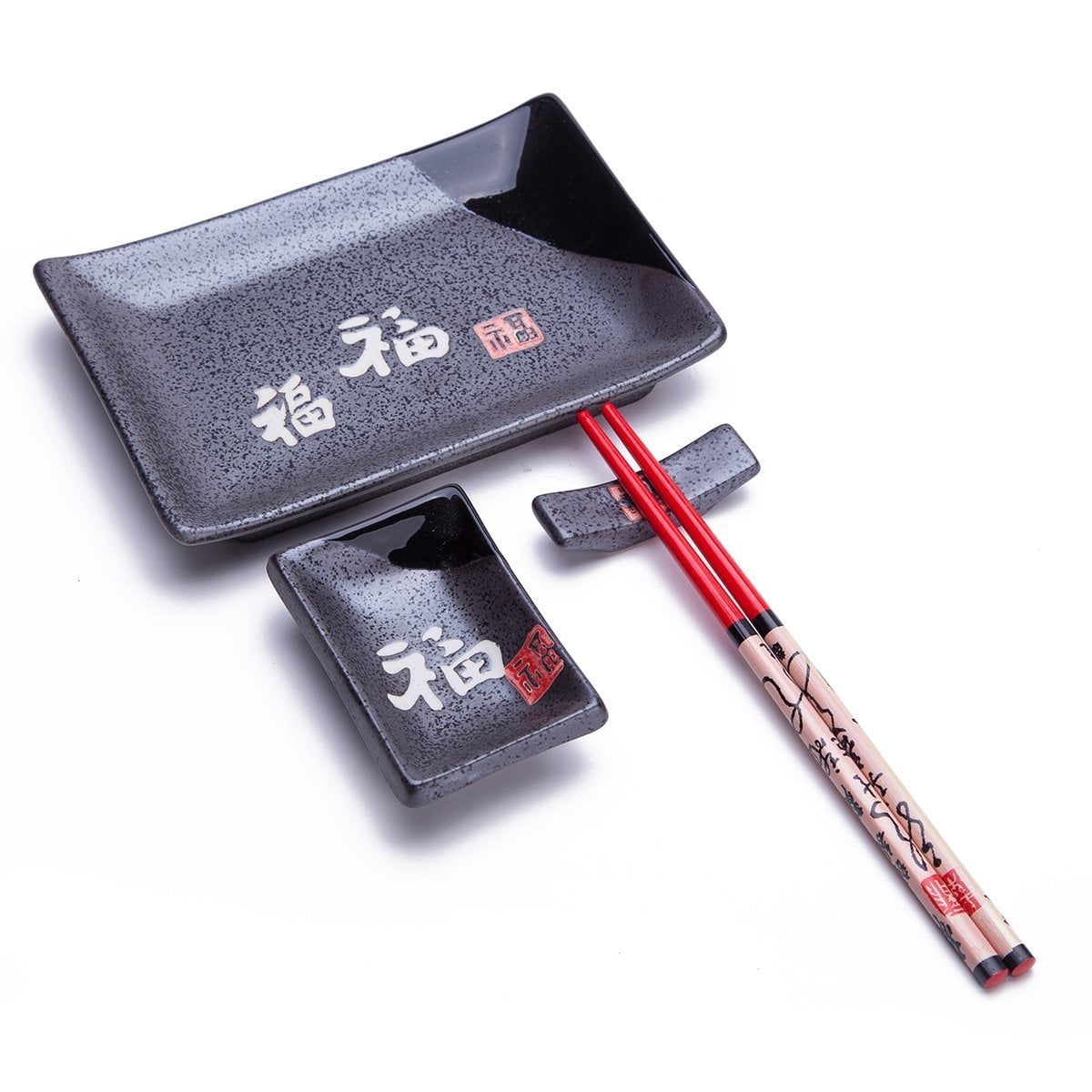 4 Pcs Japanese Sushi Plate Dinnerware Set Black With Chinese