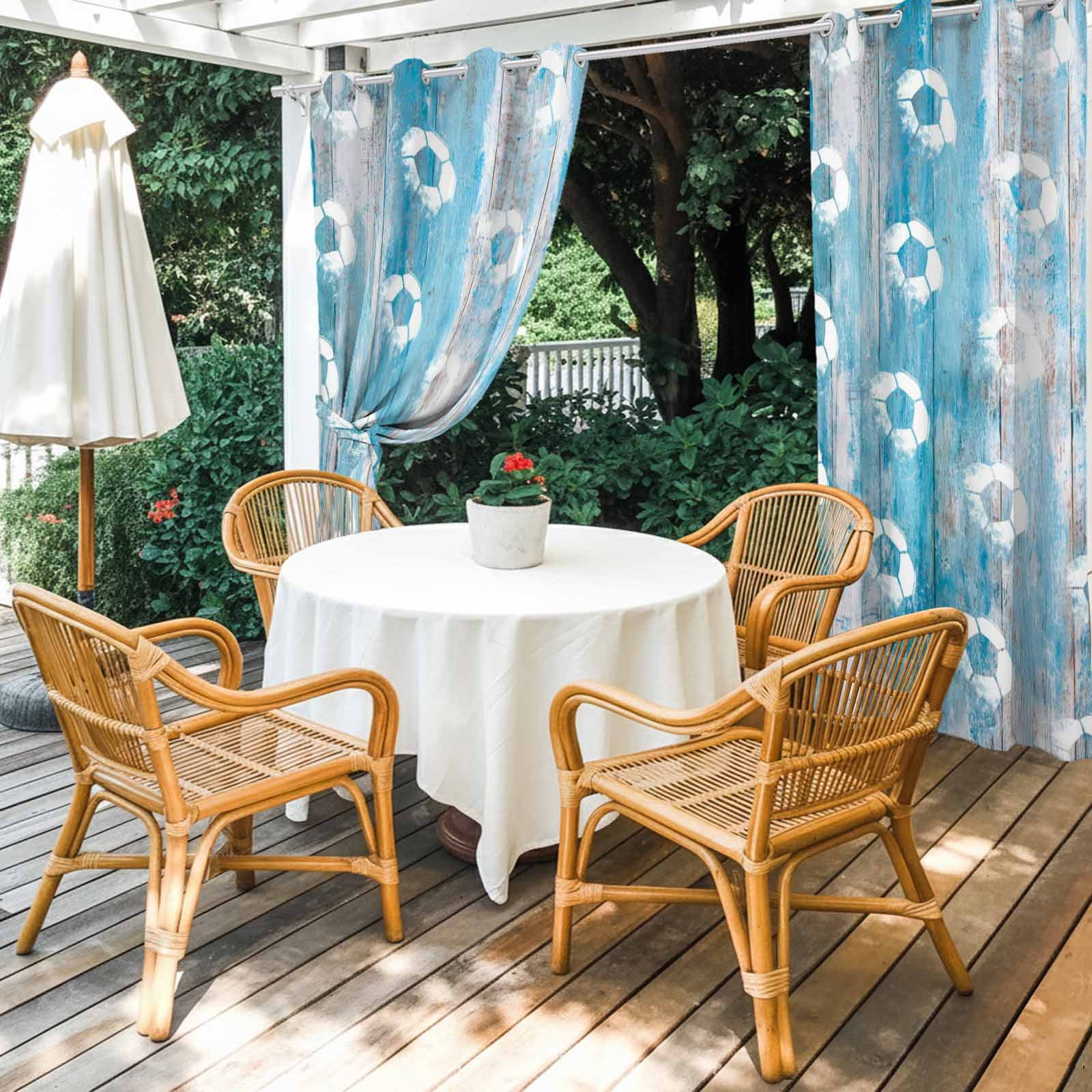 Bohemian Soccer Outdoor Curtains for Patio, Rustic Boho Farmhouse Football Match Blue Wood Grain Sunshade Privacy Drapes Grommet Waterproof Outside Curtains for Porch/Cabana/Balcony 54"x108", 1 Panel
