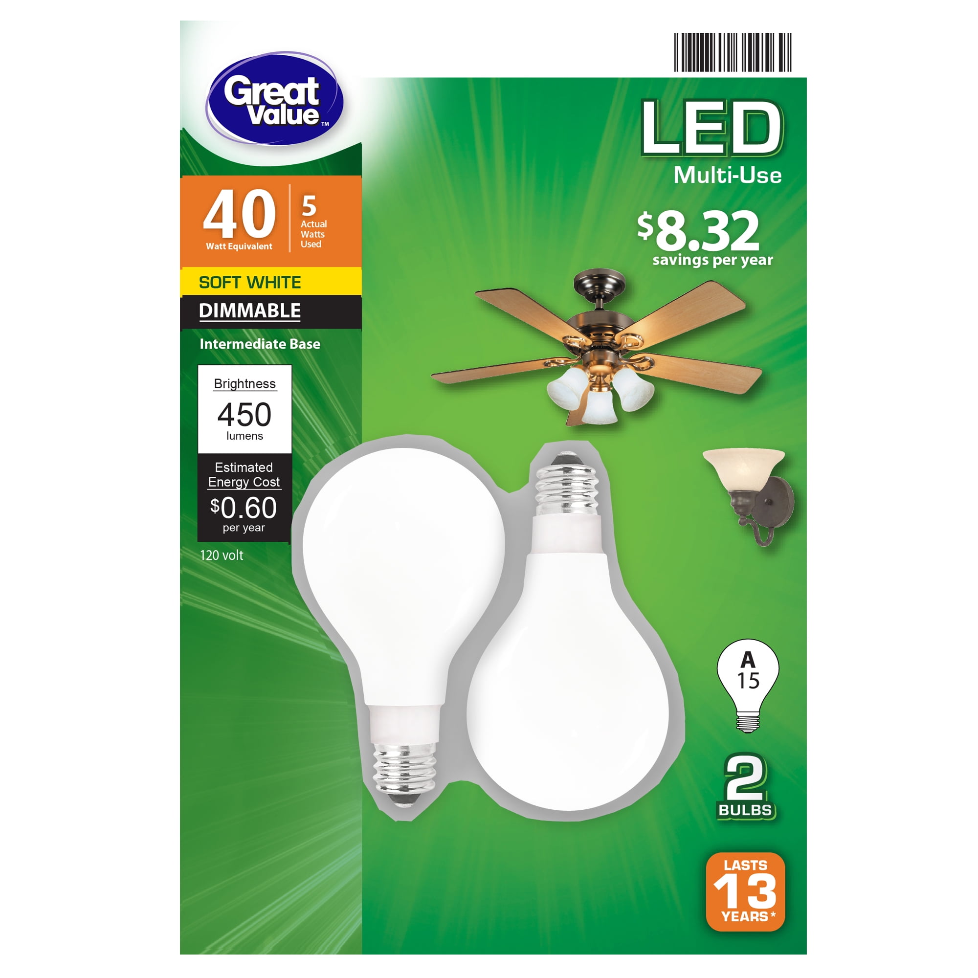 Great Value LED Light Bulb, 5 Watts (40W Eqv.) A15 Ceiling Fan Frosted Lamp E17 Base, Dimmable, 2-Pack,Soft White