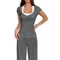thumbnail image 3 of Tops Cortos Y2K para Mujer, Camisetas de Punto con Cuello en V y Mangas , Camisetas de Punto Ajustadas con Botones. Gris S, 3 of 9