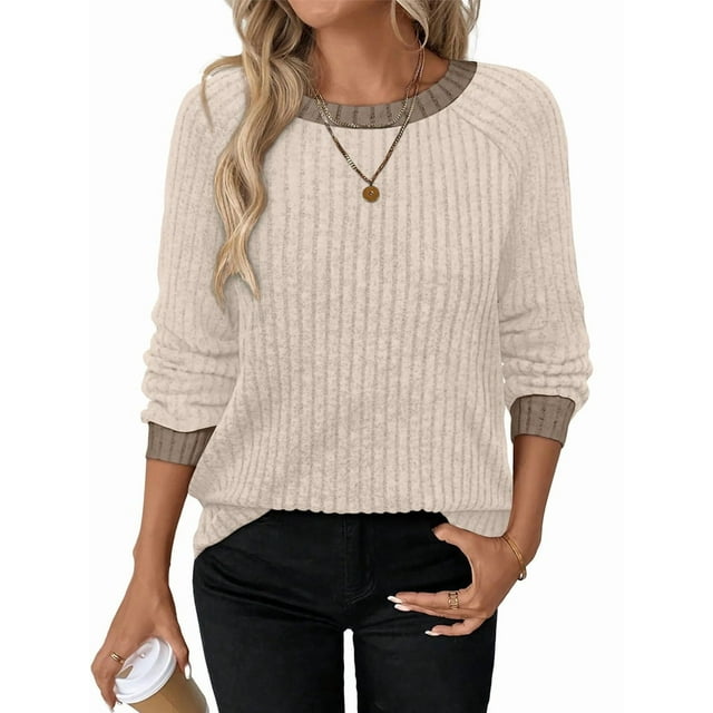 Camisas de Larga para Mujer, Suéteres, Conjuntos de Otoño, Bloques de Color, Ropa de Invierno, Elegantes, Informales, Suaves. Albaricoque XXL