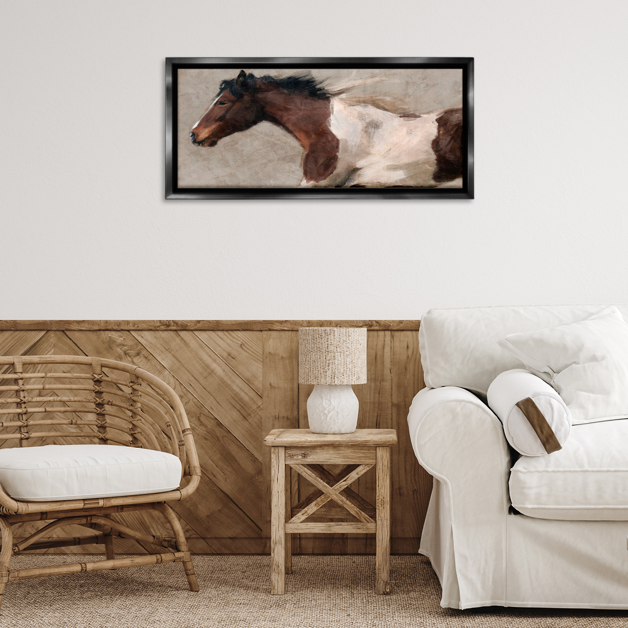 Stupell Industries Brown & White Horse Animals & Insects Painting Black Floater Framed Canvas Art Print Wall Art, 31 x 14
