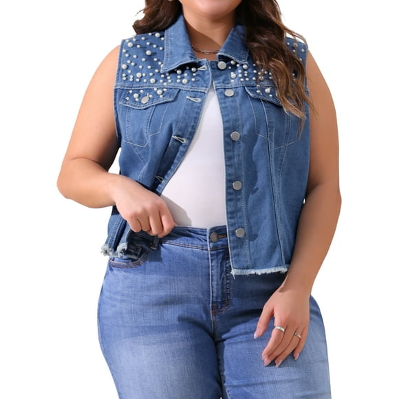 Chaleco de mezclilla sin mangas para mujer de tallas grandes Agnes Orinda, con bordado, perlas y botones, chaleco de jean casual con decoración de bolsillo 1X azul claro para el Día de la Madre