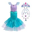 thumbnail image 1 of KAWELL Robe de Costume de Sirène pour Tout-Petites Cosplay Ariel Tenue Halloween Fête d'Anniversaire Déguisement avec Accessoires, 1 of 6