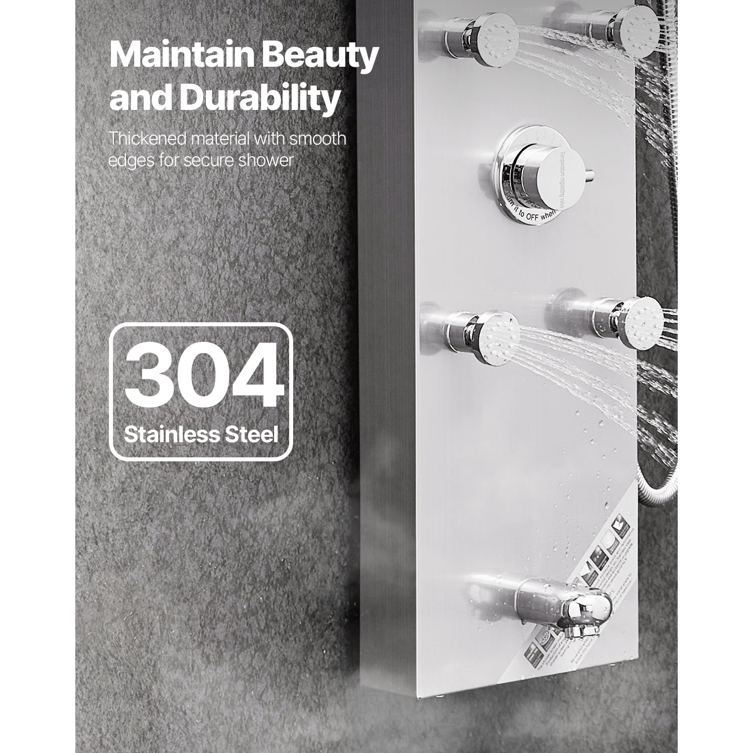 KFFKFF Shower Panel Tower System, 49 in Brushed Stainless Steel, Incorporates Rainfall Shower Head, LED, 4-Function Faucet, Wall-Installed Rain Massage System with 6 Body Jets, Handheld