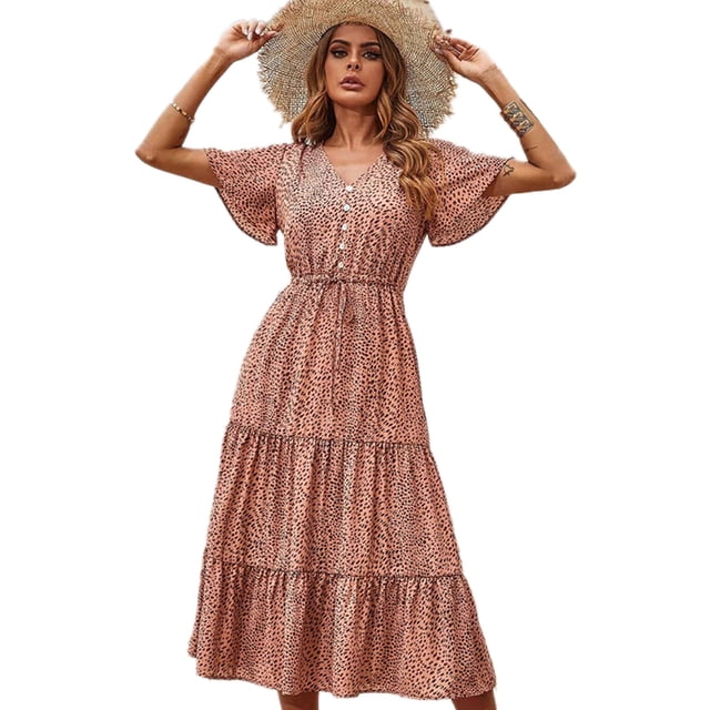 Vestido de fiesta para mujer con estampado sexy de escote en V de primavera y verano (rojo)