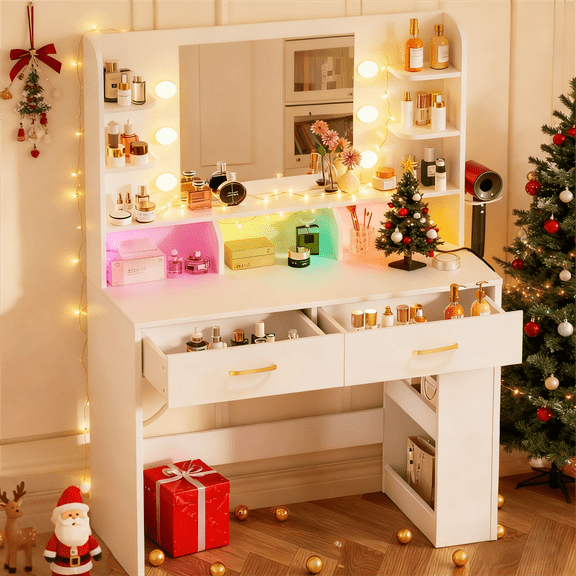 COMHOMA White Vanity Desk with Mirror and Lights, Hairdryer Holder, 5 Drawers, Bedroom Dresser Table for Girls