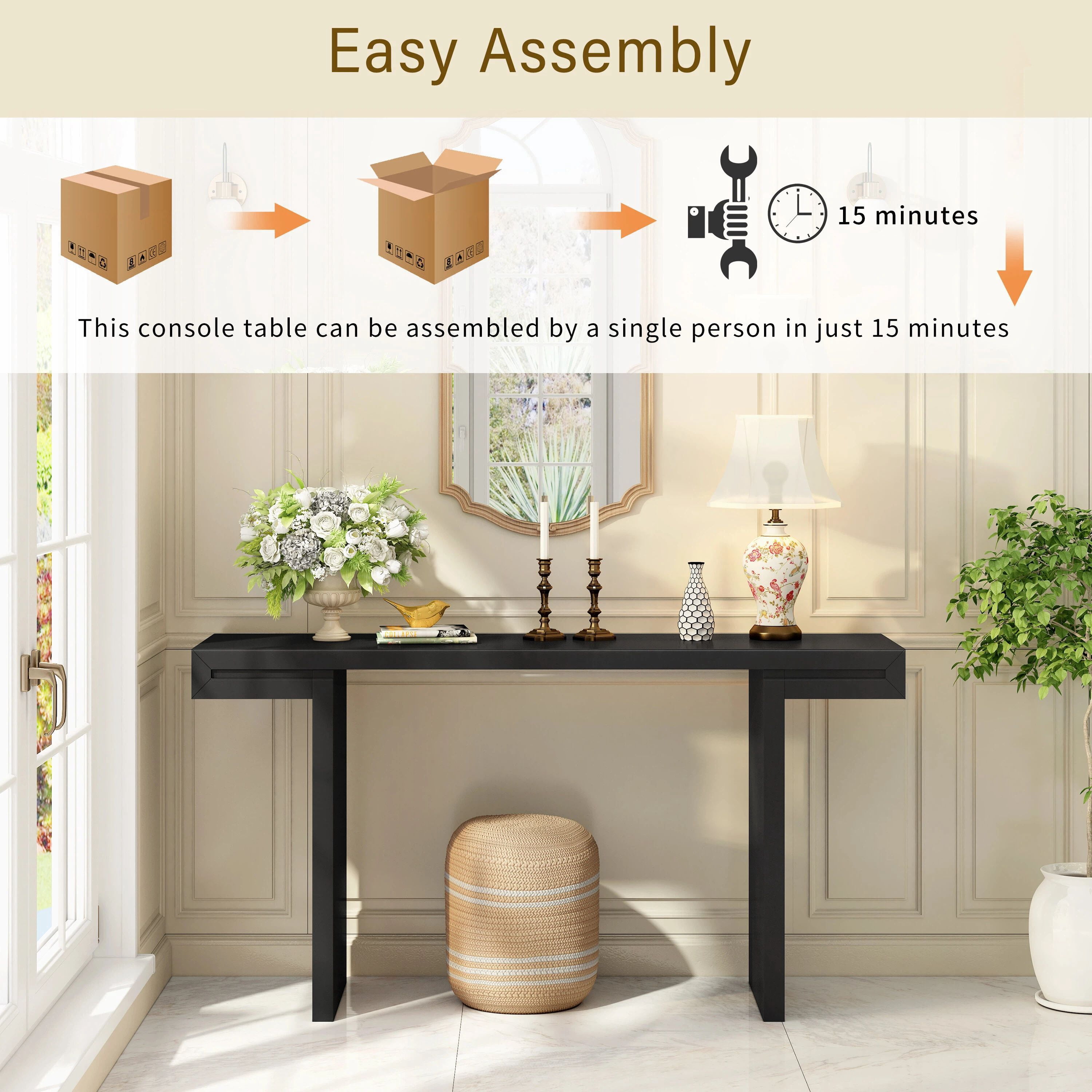 Euroco 60" Long Console Table, Modern Entryway Table with Adjustable Feet for Living Room, Hallway,Entryway,Foyer,Black
