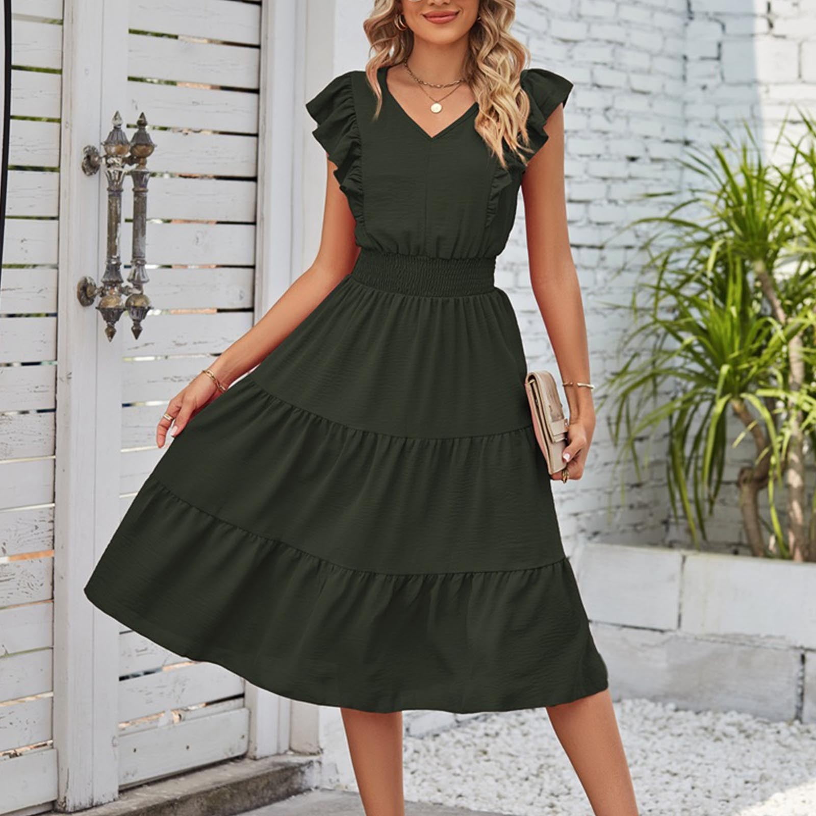 Midsumdr Dresses for Women 2024 Summer Casual V Neck Pleated Sleeveless  Maxi Dress Solid Color Temperament A-Line Swing Beach Dress