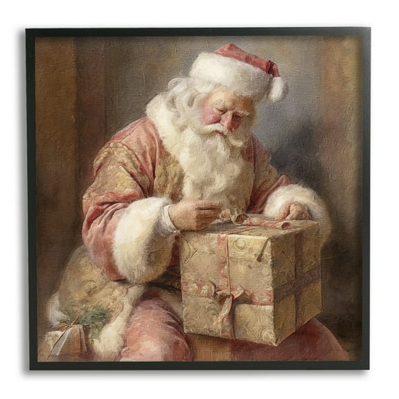 Stupell Industries Vintage Santa Wrapping Gift Holiday Painting Black Framed Art Print Wall Art, 12 x 12