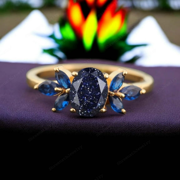 SHREENATHJEWELRY 8x6MM / 2Ct Night Galaxy Sandstone Ring- Sapphire Cluster Engagement Ring Bridal Wedding Ring Anniversary Gift For Wife