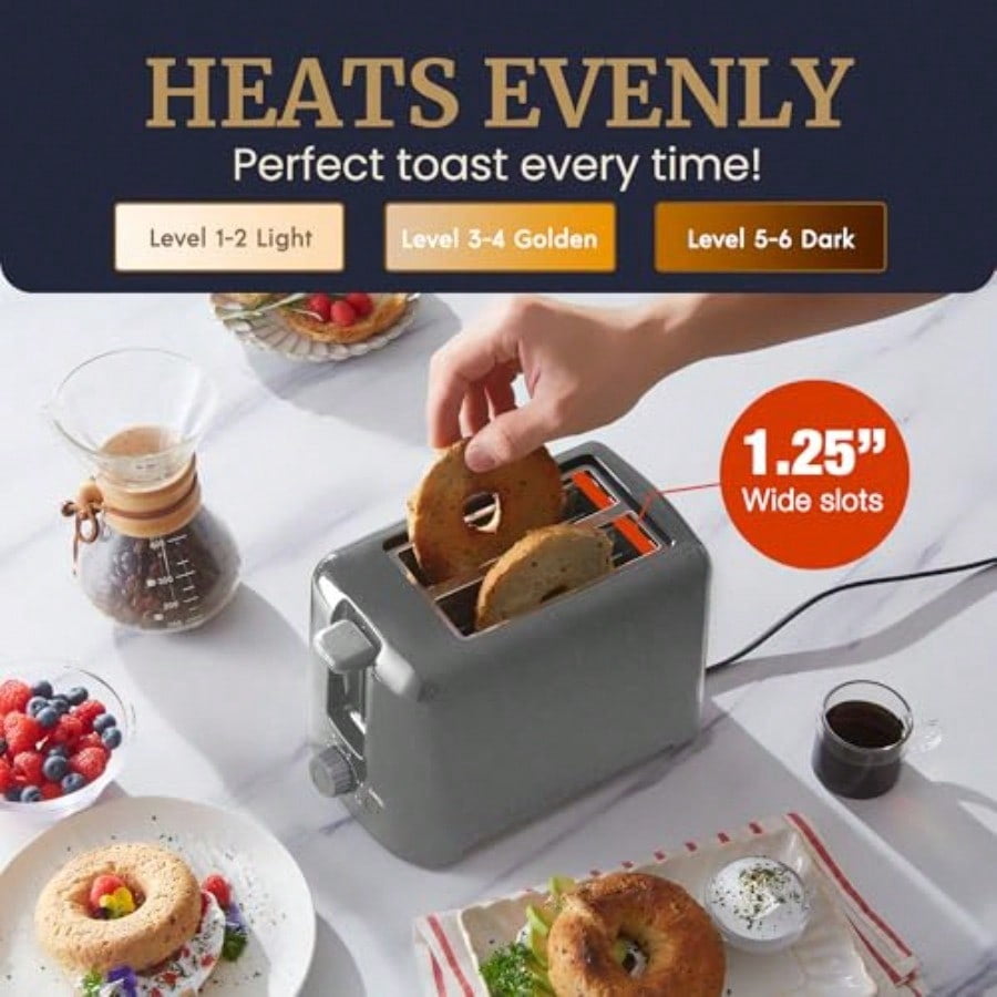 Cool-Touch 2 Slice Toaster 6 Toast Settings and Cancel Function Extra Wide 1.25" Slots Easily Fits Breads English Muffins Bagels and Waffles Gunmetal Gray