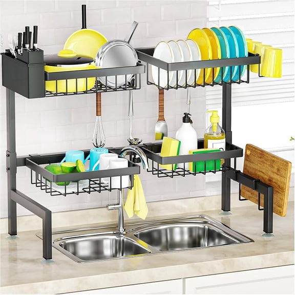 MY [2-Tier 4 Baskets Over The Sink Dish Drying Rack, 26.57"-35", Large Sink Rack for Kitchen, Extensible and Adjustable, Saving Kitchen Space