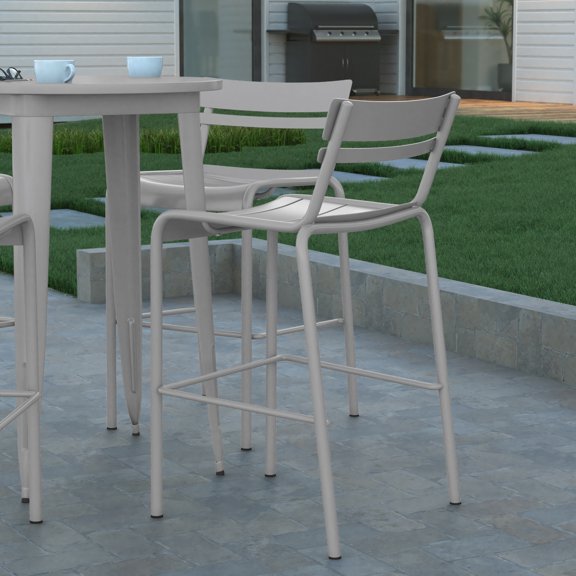 Emma Oliver Powder Coated Steel Square Stacking Slat Back Bar Height Bar Stool, Silver (Set of 2)