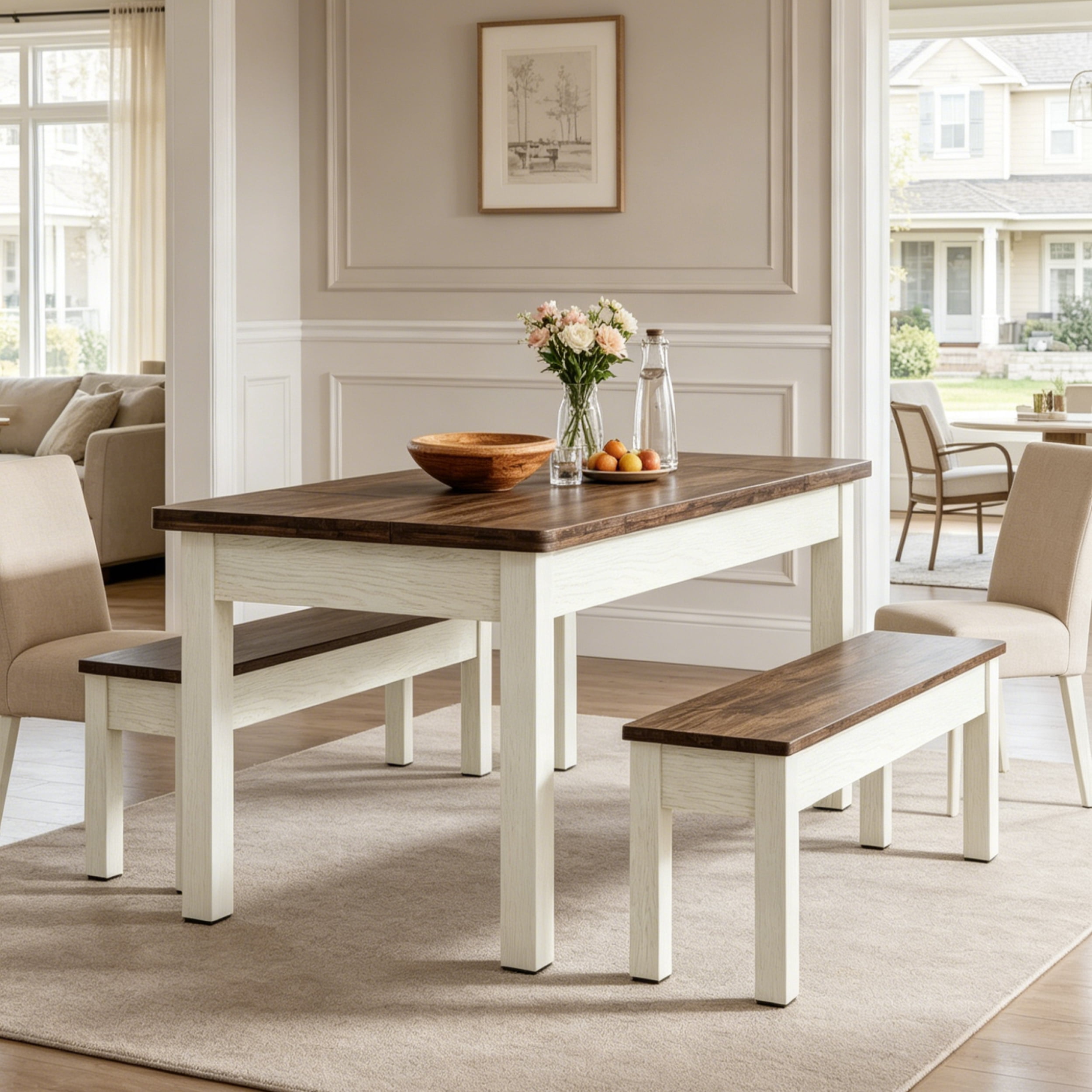 Fnova 3 Pieces Dining Table Set for 4-6 with 2 Benches, 55" Farmhouse Wood Kitchen Table and Space Saving Tuck Under Benches for Kitchen Dining Room