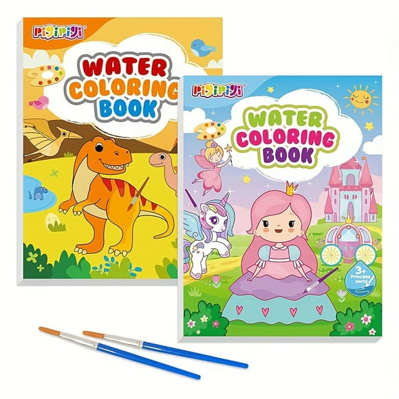 QJUHUNG pigipigi 2 Pack Water Coloring Books Mess Free Paint with Water Kit - Arts and Crafts for Kids Ages 4 5 6 7 8 Year Old - Travel Activities Easter Christmas Toy Princess & Dinosau