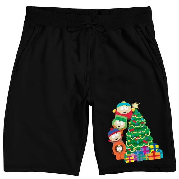 South Park Characters Decorating Christmas Tree Adult Black Sleep Pajama Shorts-Small