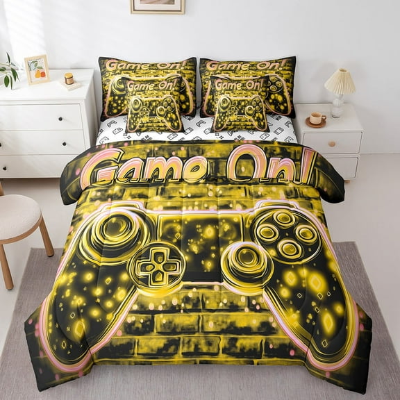 Gamepad Comforter Set 7 Pieces,Teens Youth Gamer Gaming Bed Set,Neon Yellow Brick Wall Bedding Bed in a Bag Soft,Twin (1 Comforter,2 Pillowcase,2 Pillow Covers,1 Flat Sheet,1 Fitted Sheet)