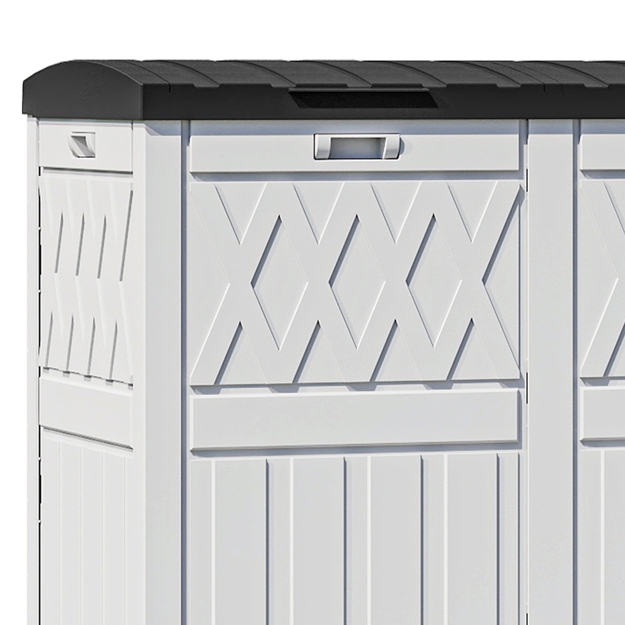 Uforic Double Compartment Outdoor Trash Can, 62 Gallon Waterproof Resin Garbage Bin with Tiered Lid and Drip Tray for Patio Deck Backyard, Black & White