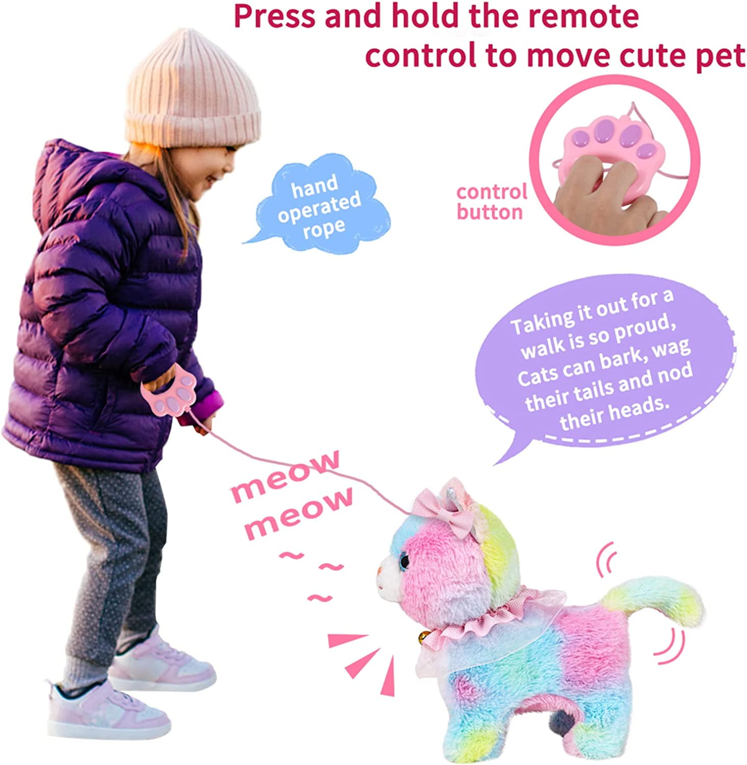 Walking and Barking Robot Cat Plush Cat Remote Control Kitten for Girls (Colorful Cat)-Interactive Electronic Plush Toy