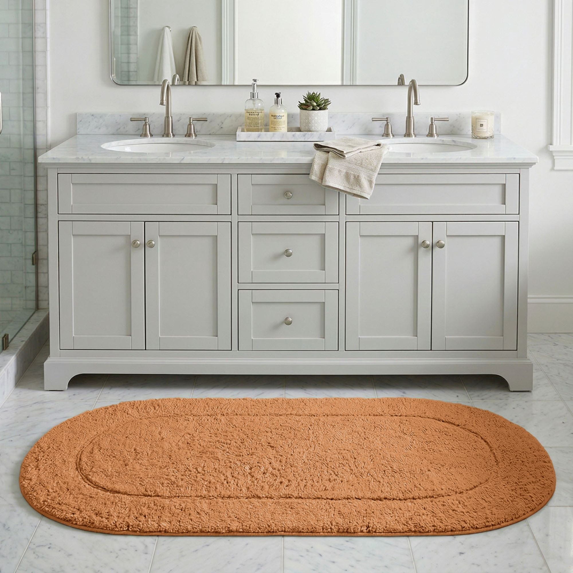 Superior Oval Bordered Cotton Washable Non-Slip Bath Rug, Runner Size, Rust
