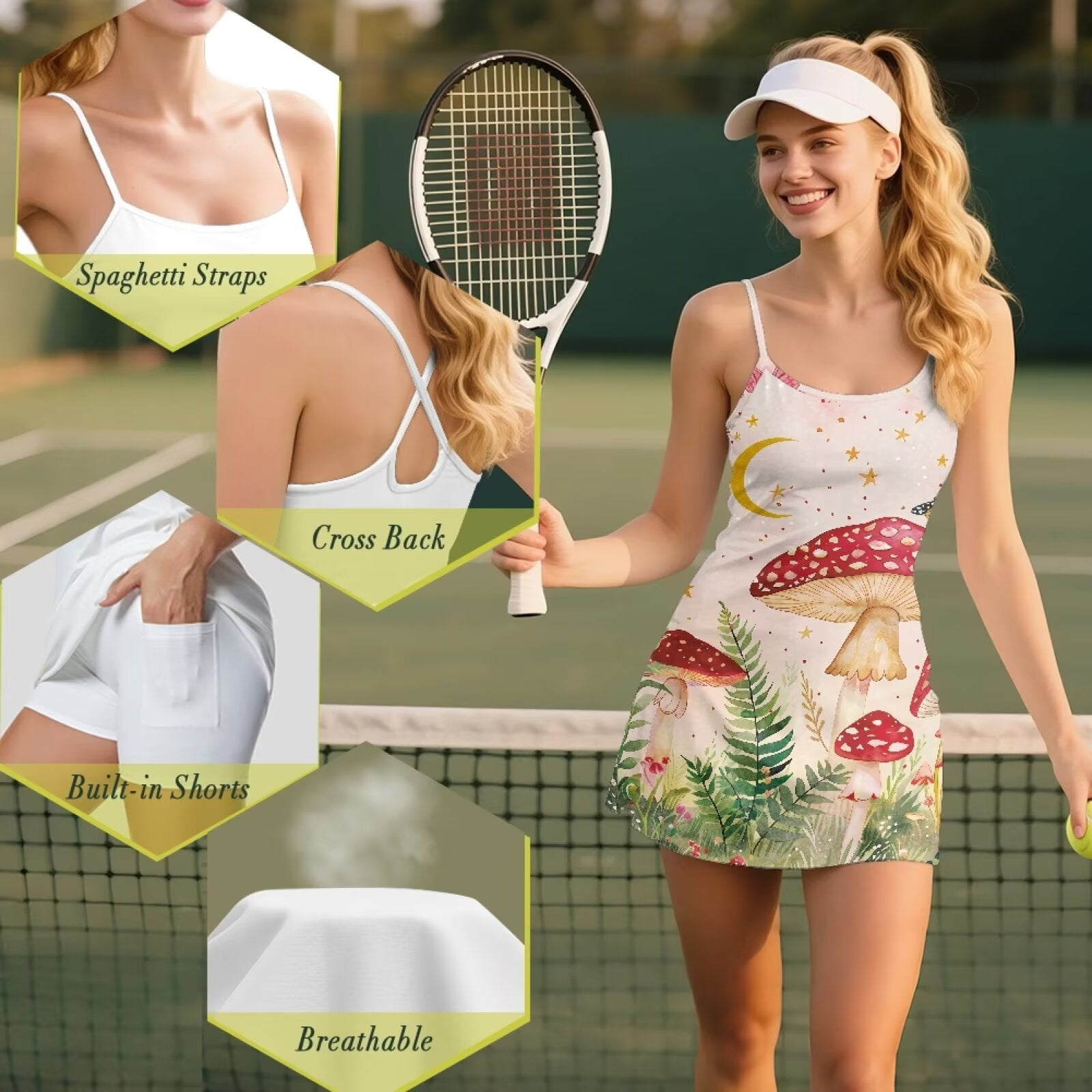 Yuyamidu Aesthetic Mushroom Tennis Dress for Women Size 2XL Moon Spaghetti Straps Womens Athletic Dresses with Shorts 2 Piece Summer Clothes Mini Dress for Yoga/Golf/Tennis