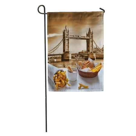 SIDONKU British Fish and Chips Against Tower Bridge in London England Cuisine Lunch Garden Flag Decorative Flag House Banner 28x40