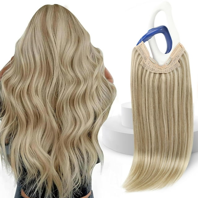 Sunny Hair Wire Hair Extensions Human Hair Invisible Hair Extensions for Women Straight Secret Hidden One Piece Extensions With Adjustable Line Dark Ash Blonde Highlights Golden