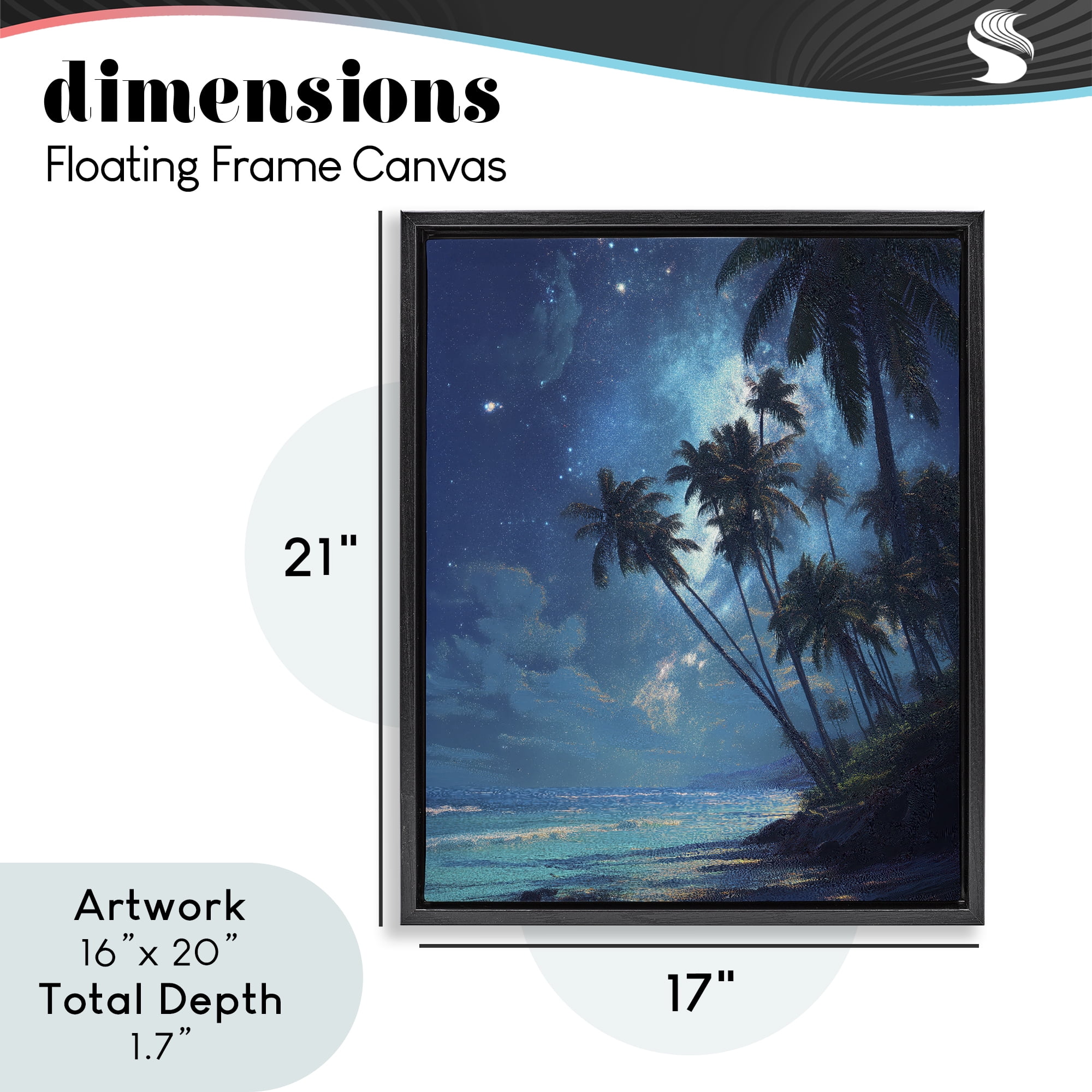 Moonlit Beach Palm Trees Black Framed Floater Canvas Wall Art, design by Ziwei Li