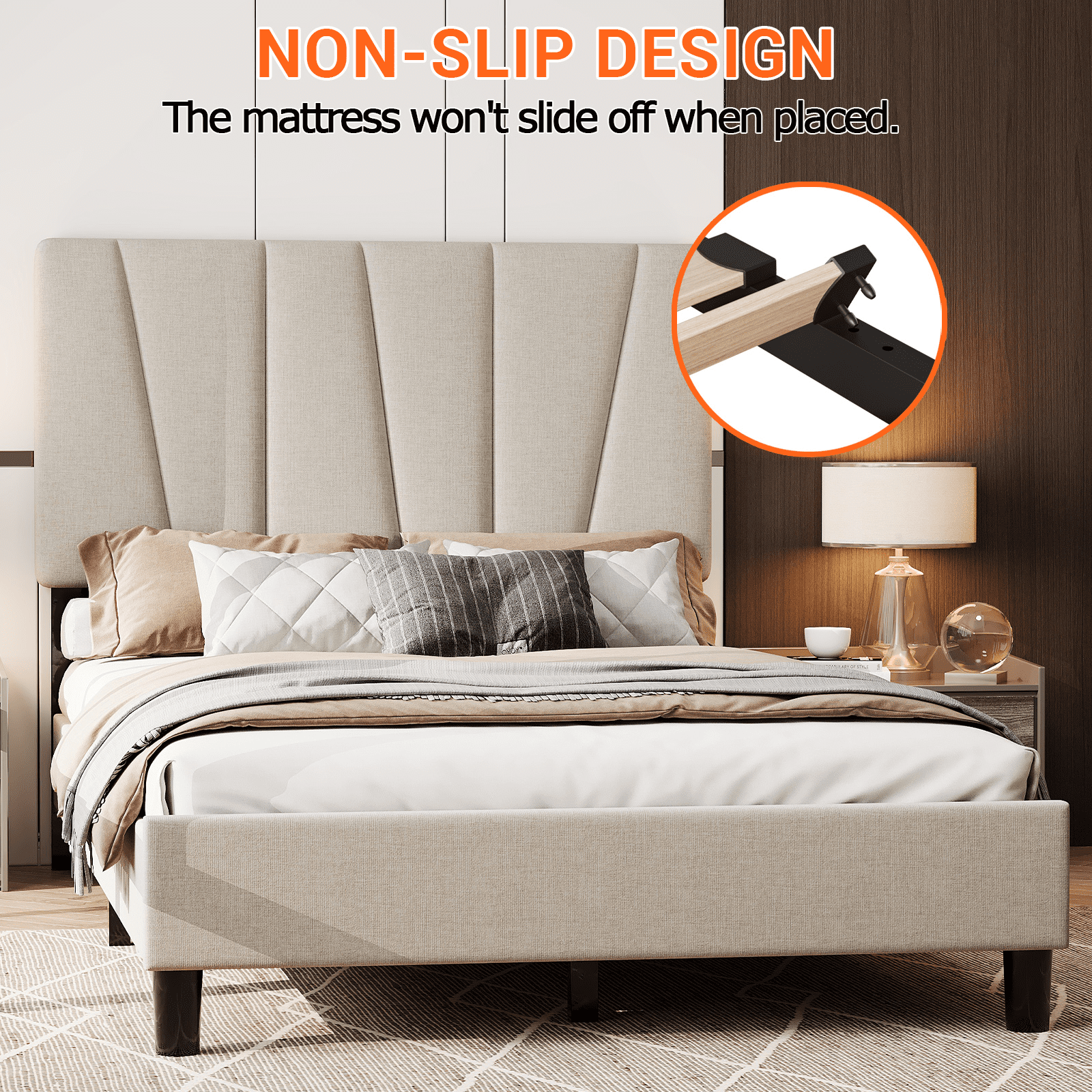 Shininglove Twin Size Platform Bed Frame, Linen Upholstered Bed Frame with Headboard, Modern Mattress Foundation with Wooden Slats Supports for Twin Bed, No Box Spring Needed, Beige