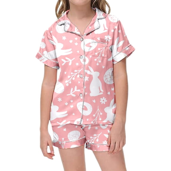 Likimi Children Girls Two Piece Set Easter Short Sleeve Cartoon Printed Button Down Lapel Shirts With Shorts Casual Fashion Outfit Set Light Pink Size 6-7 Years