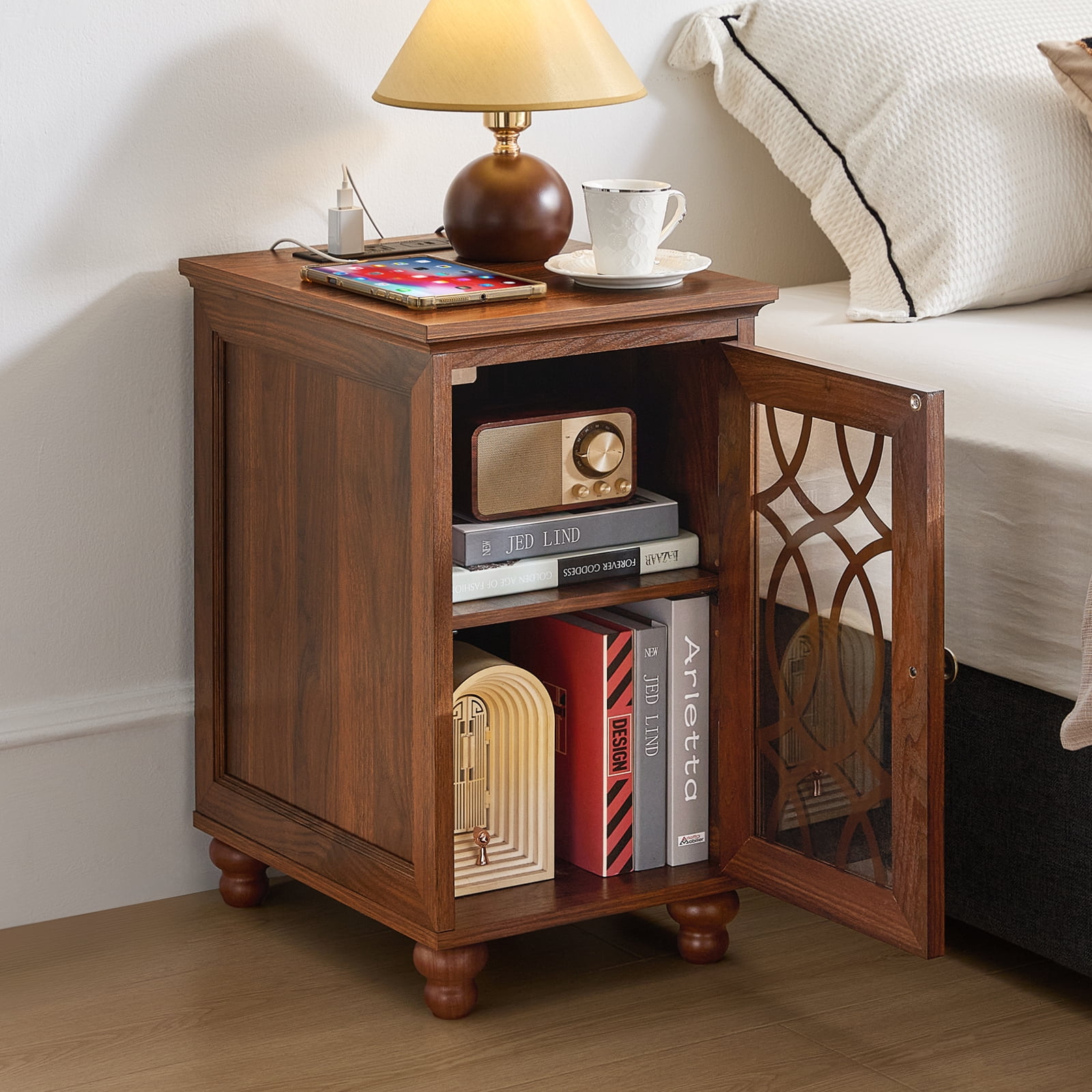 End Tables for Living Room with Charging Station, Nightstand for Small Spaces Bedoom with Glass Door and Adjustable Shelf, Brown