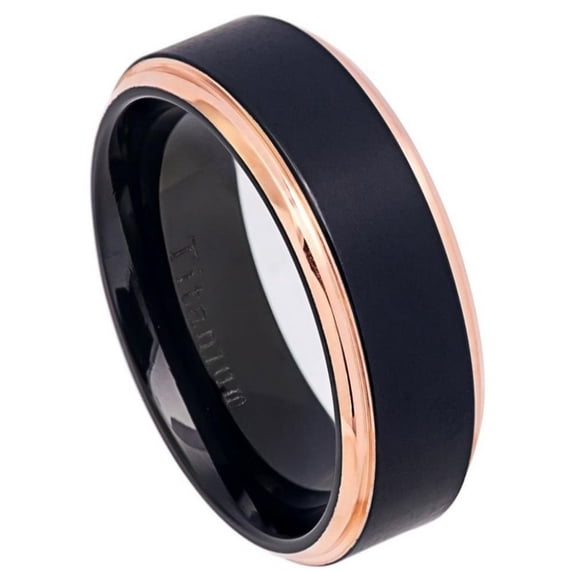 Custom Personalized Engraving Wedding Band Ring Set for Him & Her Titanium Band 8mm Two-Tone Black IP Rose Gold IP Brushed Center Stepped Edge Titanium Ring