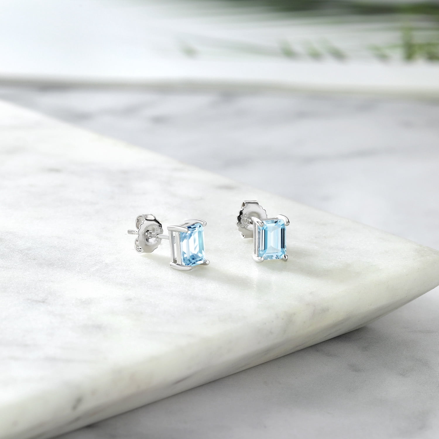 Gem Stone King 925 Sterling Silver Sky Blue Aquamarine Stud Earrings for Women Men (1.60 Cttw, Gemstone Birthstone, Emerald Cut 7X5MM)