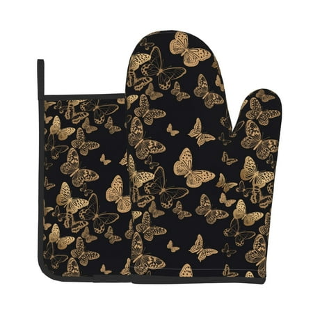 

Gaeub Modern Golden Butterfly Print Oven Mitts and Pot Holders Sets of 2 Heat Resistant Pad Cooking Gloves for Baking BBQ Home Decor