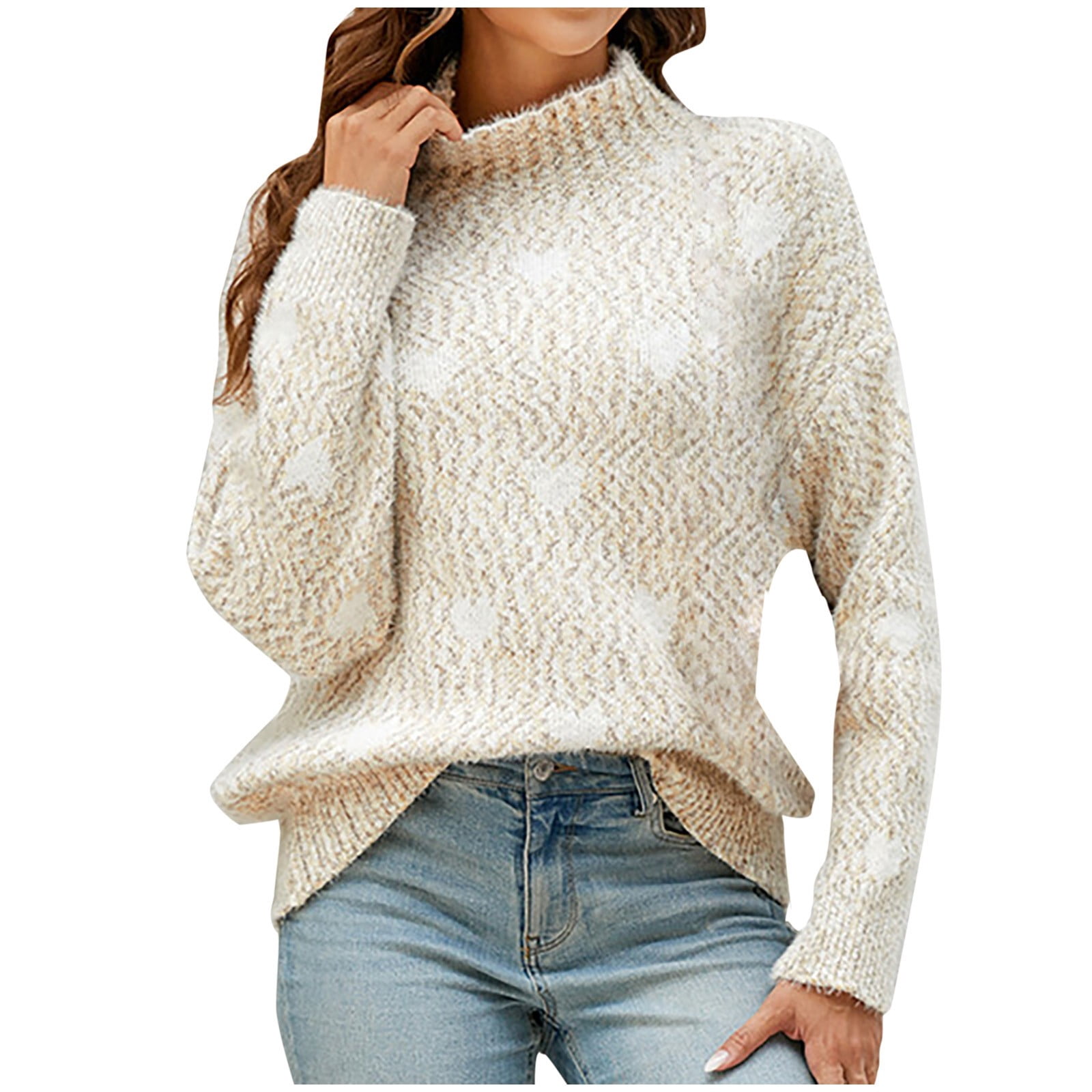 Women's Half Turtleneck Wool Pullover Sweater - Loose Fit, Long Sleeve, Beige, Large