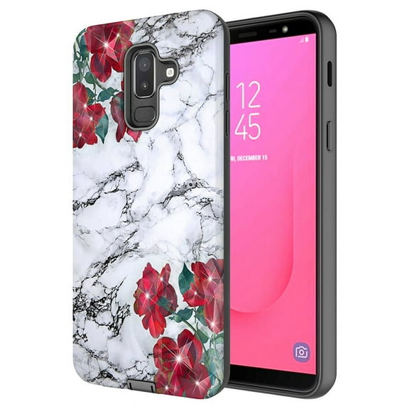 Samsung Galaxy J8 2018 Case, Kaesar Hybrid Dual Layer Slim Laser Glitter Sparkle Graphic Shockproof Impact Resistant Protective Cover Case for Samsung Galaxy J8 (White Marble With Flower)