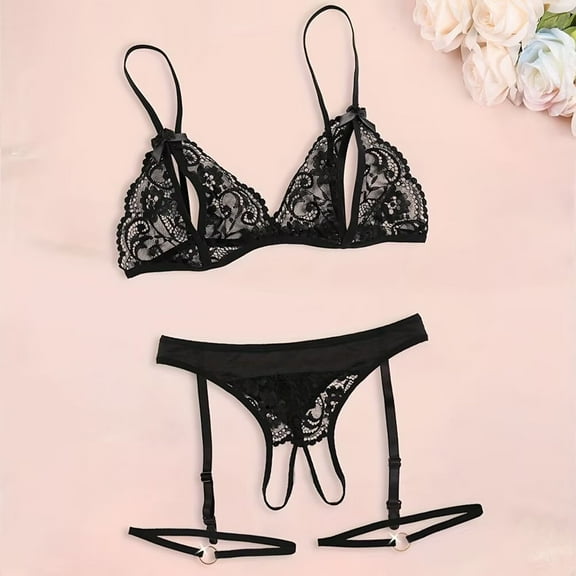 Women Bra and Panties Set Lingerie Set Sexy Perspective Lace Garter Belt Set Includes Bra Panties